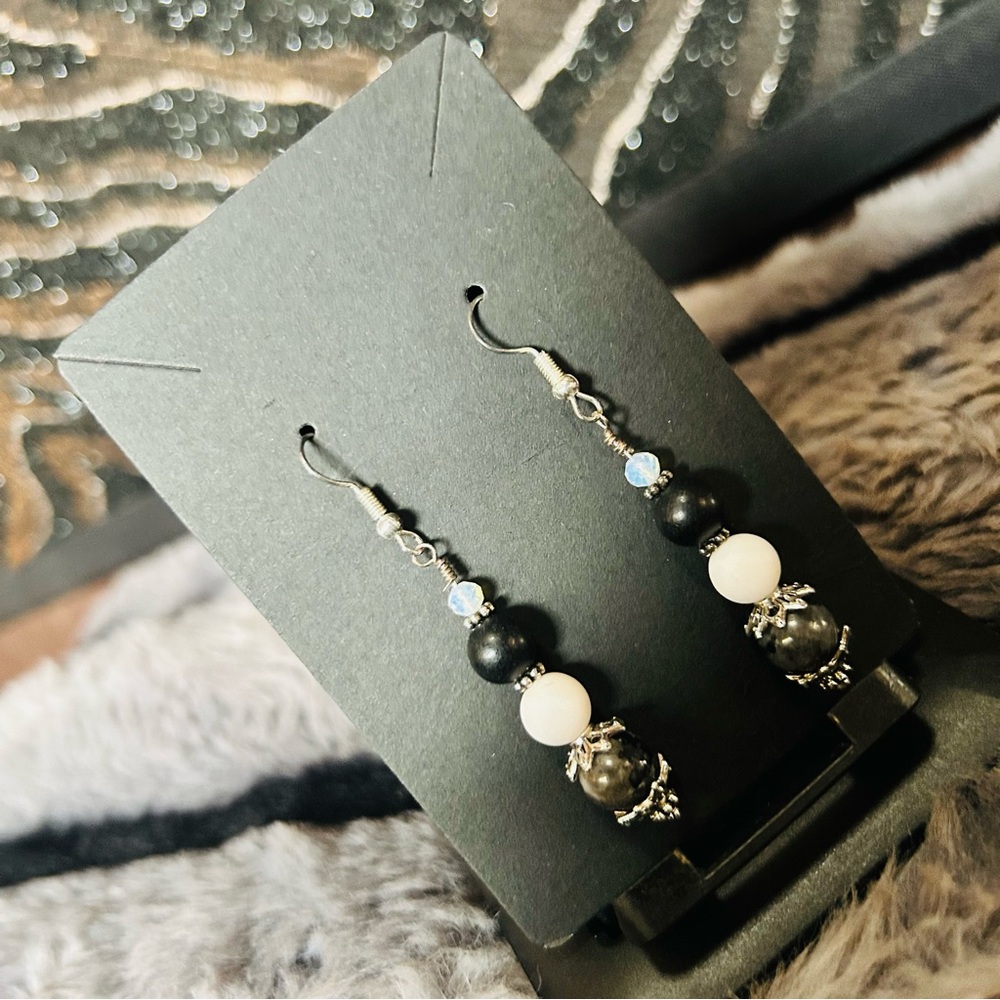 Handcrafted genuine larvikite vintage bead faceted opalite earrings